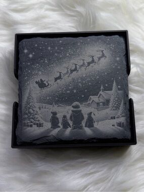 Hand Crafted Slate Holiday Coasters Set of 4 and Holder